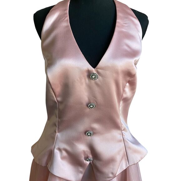 Dave and Johnny Cocktail Mini Dress L Tuxedo Pink Satin Rhinestones Burlesque - Picture 2 of 15